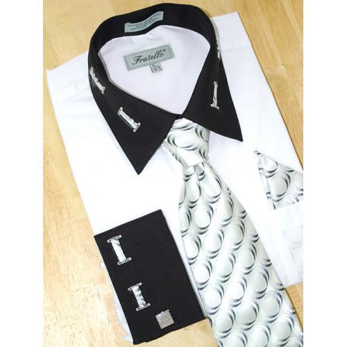 Fratello White With Black/ White Laced Spread Collar And French Cuffs Shirt/Tie/Hanky Set  FRV4105P2